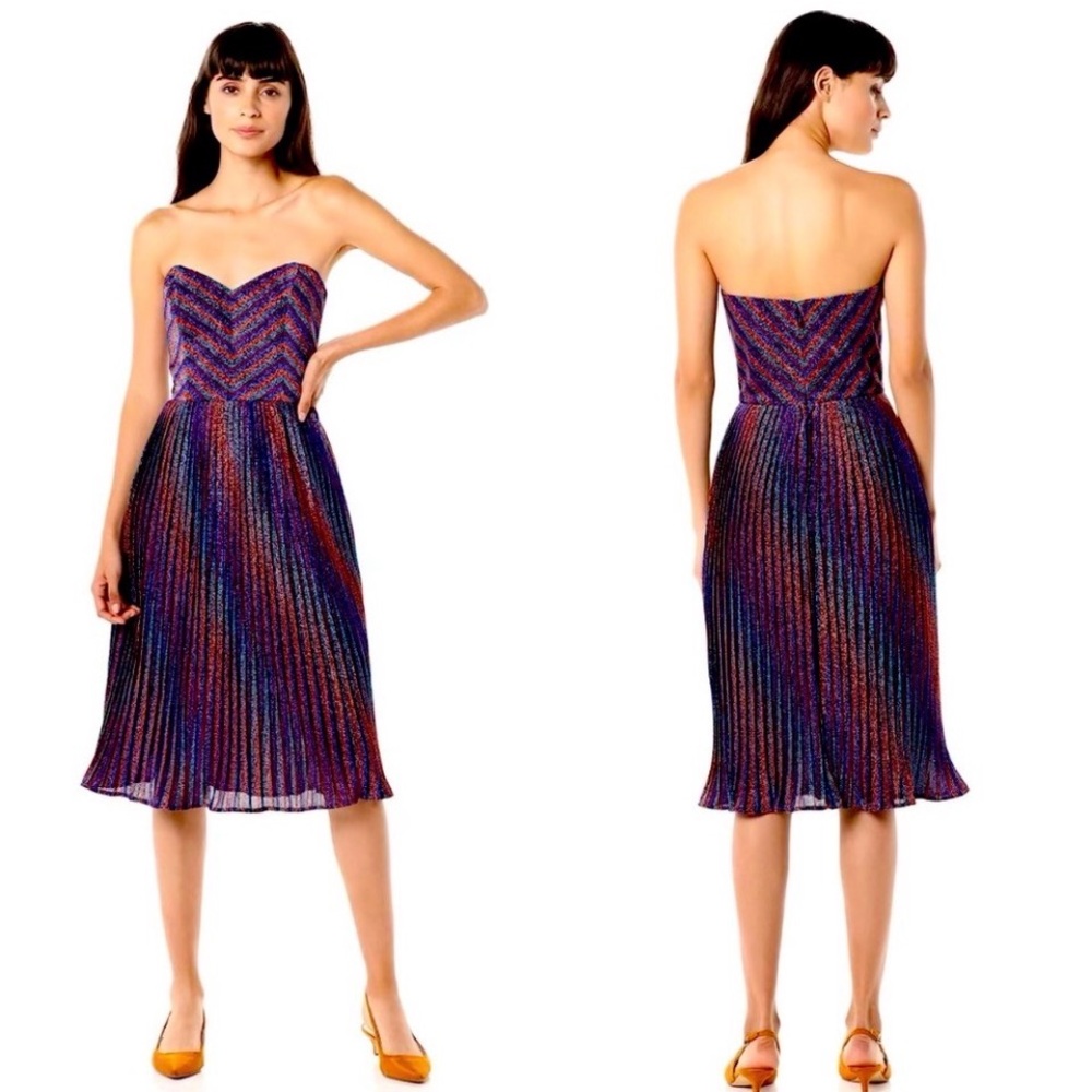 Dress the Population Rosalie Pleated Midi Dress Metallic Cobalt Multicolor NWOT